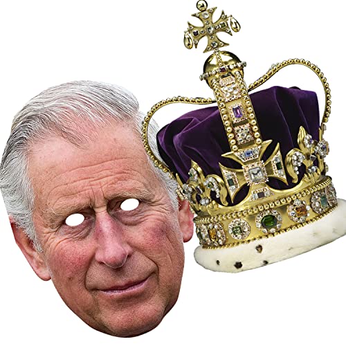 FoxyPrinting PRINCE CHARLES + CROWN Party Mask Set pack - Royal Fancy Dress Cardboard Celebrity Cardboard Party Face Mask