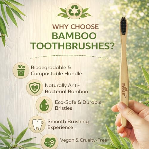 Image of EcoUT Bamboo Toothbrush Pack of 8 | Eco Friendly Wooden Toothbrush | Charcoal Infused Soft Bristles | Biodegradable Toothbrush for Adults & Kids | Plastic Free, Sustainable Oral Care