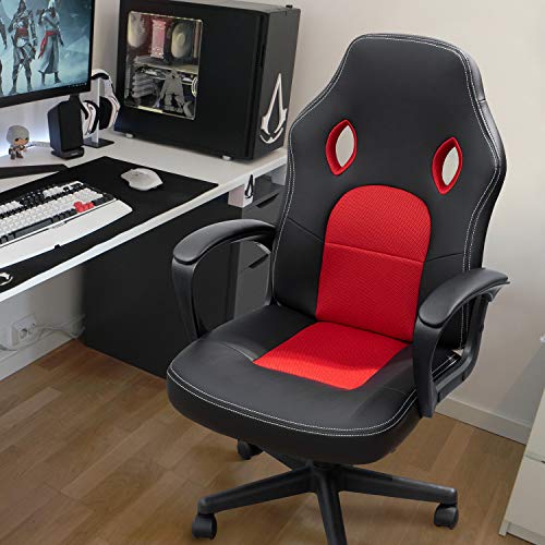 Image of Furmax Red Gaming Chair, Adjustable Swivel Desk Chair with Padded Armrests and Lumbar Support, Leather and Mesh Design