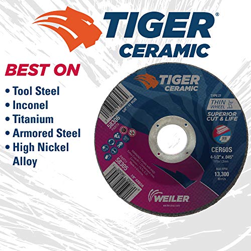 Image of Weiler 58305 4-1 /2 Inch Cutting Wheel, Tiger Ceramic Stainless Steel Superior Life & Cut Contaminant Free Max Performance Cutting, .045 inch CER60S Type 27 7 /8 inch Arbor, Pack of 25