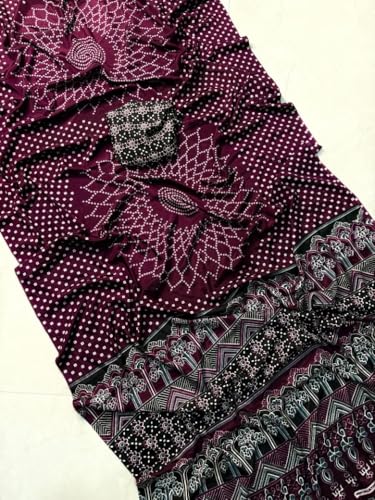 Image of Modal Silk Ajrakh Saree Bandhani Design Crepe Printed Designer Pallu Attach Blouse Piece