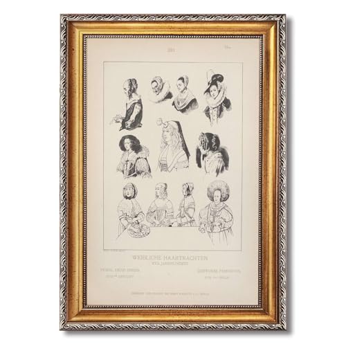 Vintage Framed 17th Century Womens Hairstyles Wall Art Canvas Print