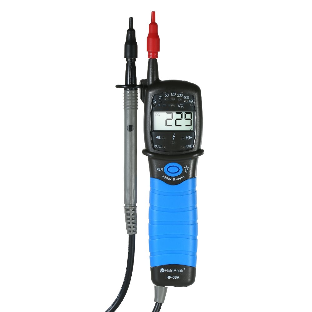 HoldPeak Contact Auto Range LCD Tester napięcia AC DC Detektor do pomiaru 12–690 V z ciągłością RCD Test rotacji fazy Wykrywanie polaryzacji i podświetlany wyświetlacz Zawiera