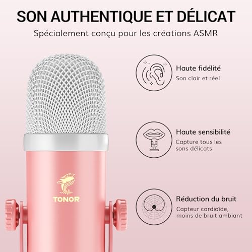 TONOR Ensemble D'équipements Micro ASMR, Microphone à Double Condensateur avec Interface Audio, Audio 3D Immersif, Son Clair, Contrôle du Volume, Kit pour ASMR, Podcast, Enregistrement, Rose – vue 3