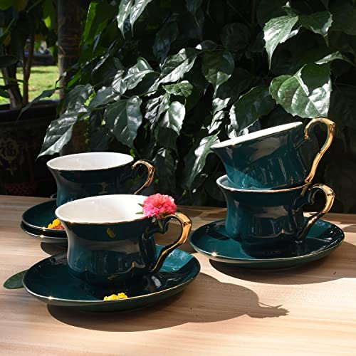 Jomop Gothic Style Ceramics Tea Cup And Saucer Set Gold Trim Set Of 4 (Dark Green) #TOP1
