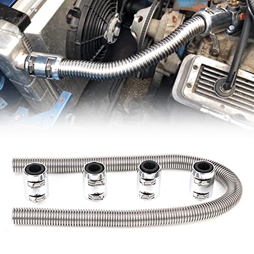 iRKY 48' Flexible Radiator Hose Stainless Steel Universal Water Hoses Adapter Coolant Radiator Hose Kit With 4Pcs Chrome Caps (8 Clamps, Silver)
