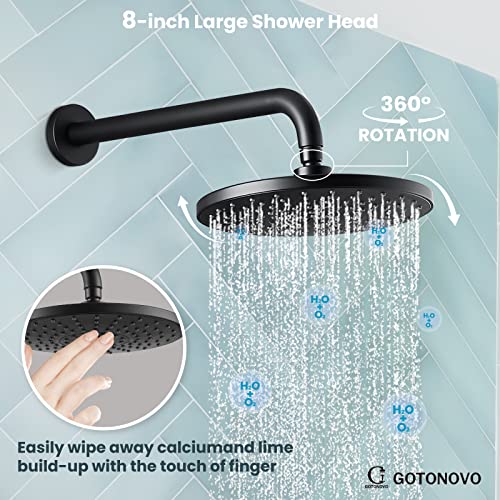 8 Inch Shower System With Slide Bar Round Shower Head Matte Black Rainfall Wall Mounted Shower Faucet Set For Bathroom With Abs Handheld Shower Rough-In Valve Shower Trim Kit #TOP3