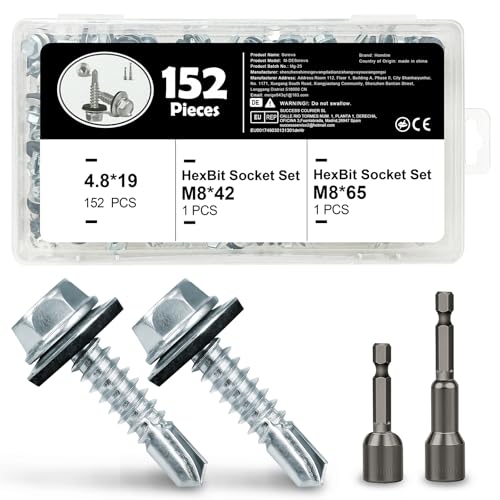 152 Stück Trapezblechschrauben inkl. 4.8 * 19mm Spenglerschrauben mit Dichtscheibe Schrauben für Dachblech bestückt mit 2 Bits