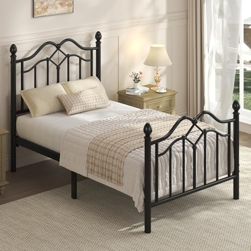 Image of LoVinson Twin Size Bed Frame with Victorian Headboard & Footboard, Black
