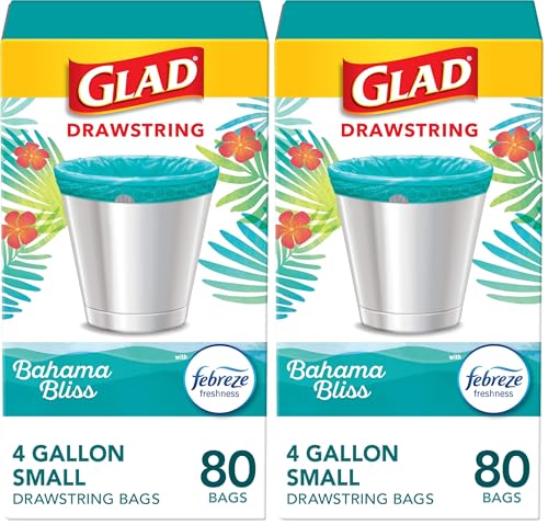 Image of Glad Small Trash Bags 4 Gallon, Febreze Bahama Bliss Garbage Bags, Odor Resistant with Drawstring, 80 Count (Pack of 2)