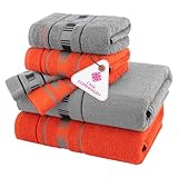 Casa Copenhagen X Lines Juego de Toallas 600 g/m² para hoteles, 2 Toallas de Mano y 2 toallitas faciales -Rojo-Gris