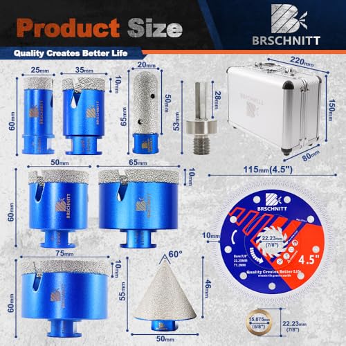 Image of Diamond Core Drill Bit Set - BRSCHNITT Tile Hole Saw Kit 1 inch 1-3 /8 inch1-3 /4 inch2-1 /2 inch3 inch & 4 /5 inch Finger Bit & 2 inch Chamfer Bit for Porcelain Tile Ceramic Marble Granite Diamond Blade