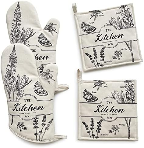 4PCS Beige Oven Mitt Set, Oven Mitts and Pot Holders Kitchen Set,100% Cotton Heat Resistant Kitchen Gloves for Oven