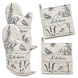 4PCS Beige Oven Mitt Set, Oven Mitts and Pot Holders Kitchen Set,100% Cotton Heat Resistant Kitchen