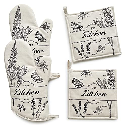 4Pcs Beige Oven Mitt Set, Oven Mitts And Pot Holders Kitchen Set,100% Cotton Heat Resistant Kitchen Gloves For Oven #TOP26