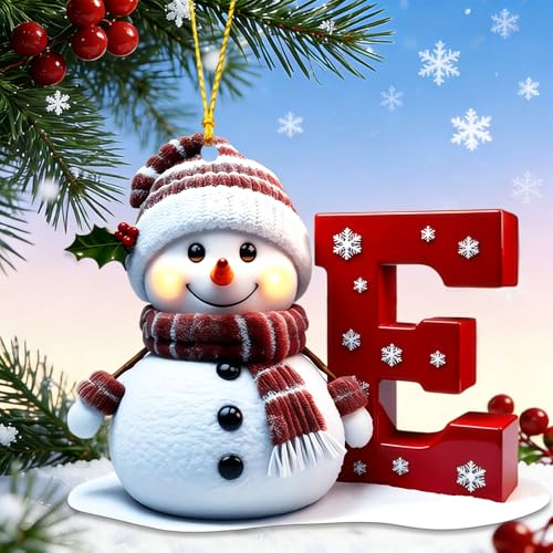 Snowman Letter Name Ornaments for Christmas Tree, 2D Christmas Decoration 2025, Hanging Ornaments A-Z Xmas Family Keepsake Xmas Stocking Stuffers Gifts for Kids Adults (E)