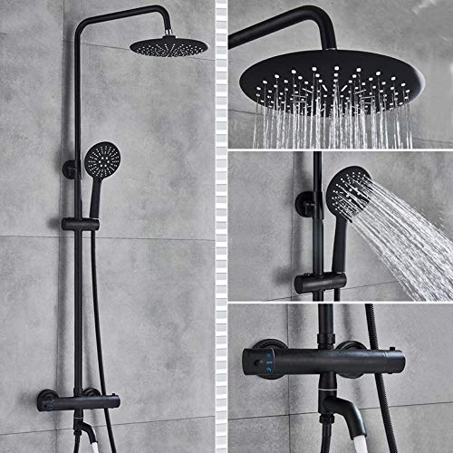 Mitigeur thermostatique de douche noir mat anti-brûlure avec grand pommeau effet pluie