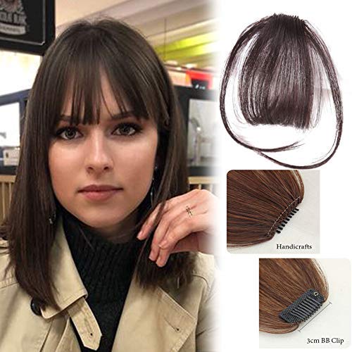 Vowinlle Fashion-Natural 100% Human Hair Flat Bangs/Fringe,Thin-Pretty Hand Tied 1 Piece(1clip) Front Fringes (Clip in Hair Bangs with Temples,#2 Darkest Brown)