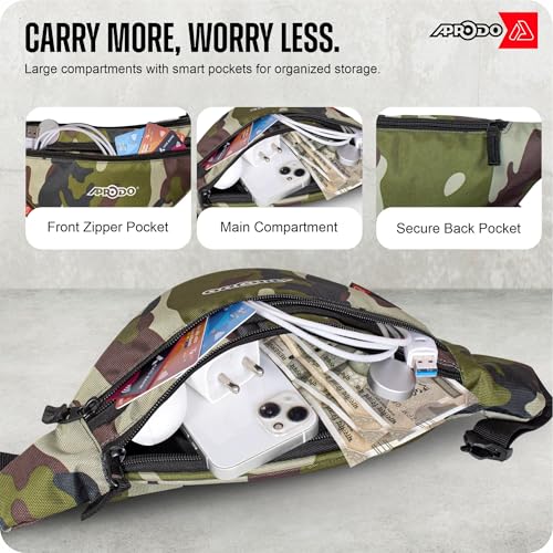 Image of Aprodo Chest & Waist Bag for Men and Women, Hands-Free Fanny Pack Bumbag with 3 Zippered Pockets, Easy Carry Phone Wallet & Cards Beltbag for Sports, Travel, Jogging, Cycling and Workout (Camouflage)