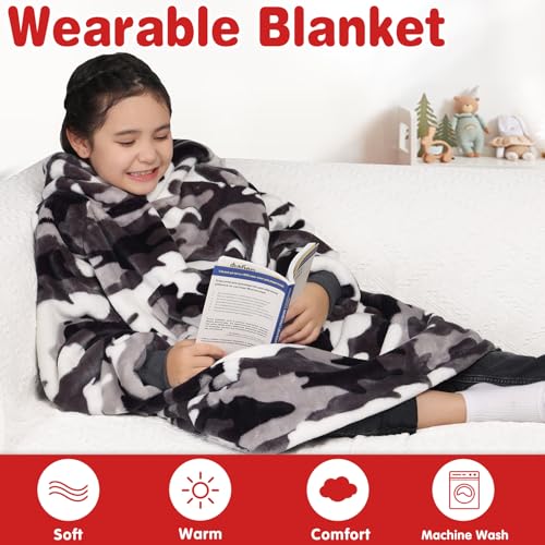 Image of Waitu Wearable Blanket for Kids, Wearable Blanket Hoodie Gifts for Teens Girls and Boys, Warm Blanket Sweatshirt for Teenage, Hoodie Blanket with Sleeves - Camo