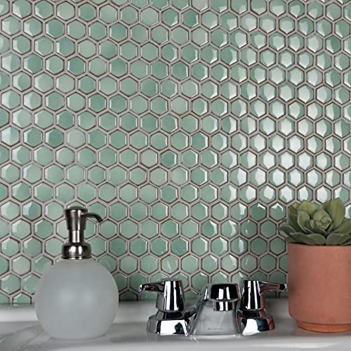 Somertile Hudson Hex 1" Mint Green 11.88" X 13.25" Porcelain Mosaic Tile #TOP5