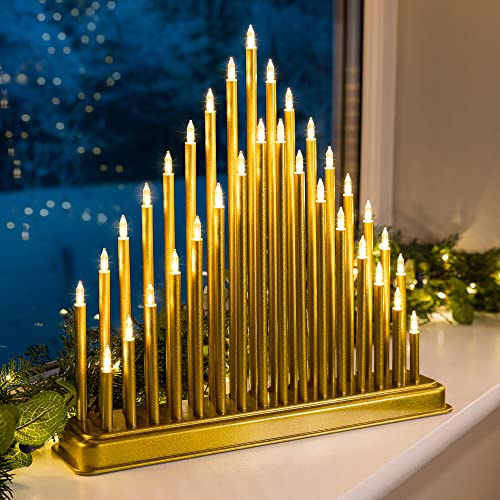 CHRISTOW Gold Candle Bridge Tower Christmas Decoration, Battery Operated with Timer, 33 Warm White LED Window Light