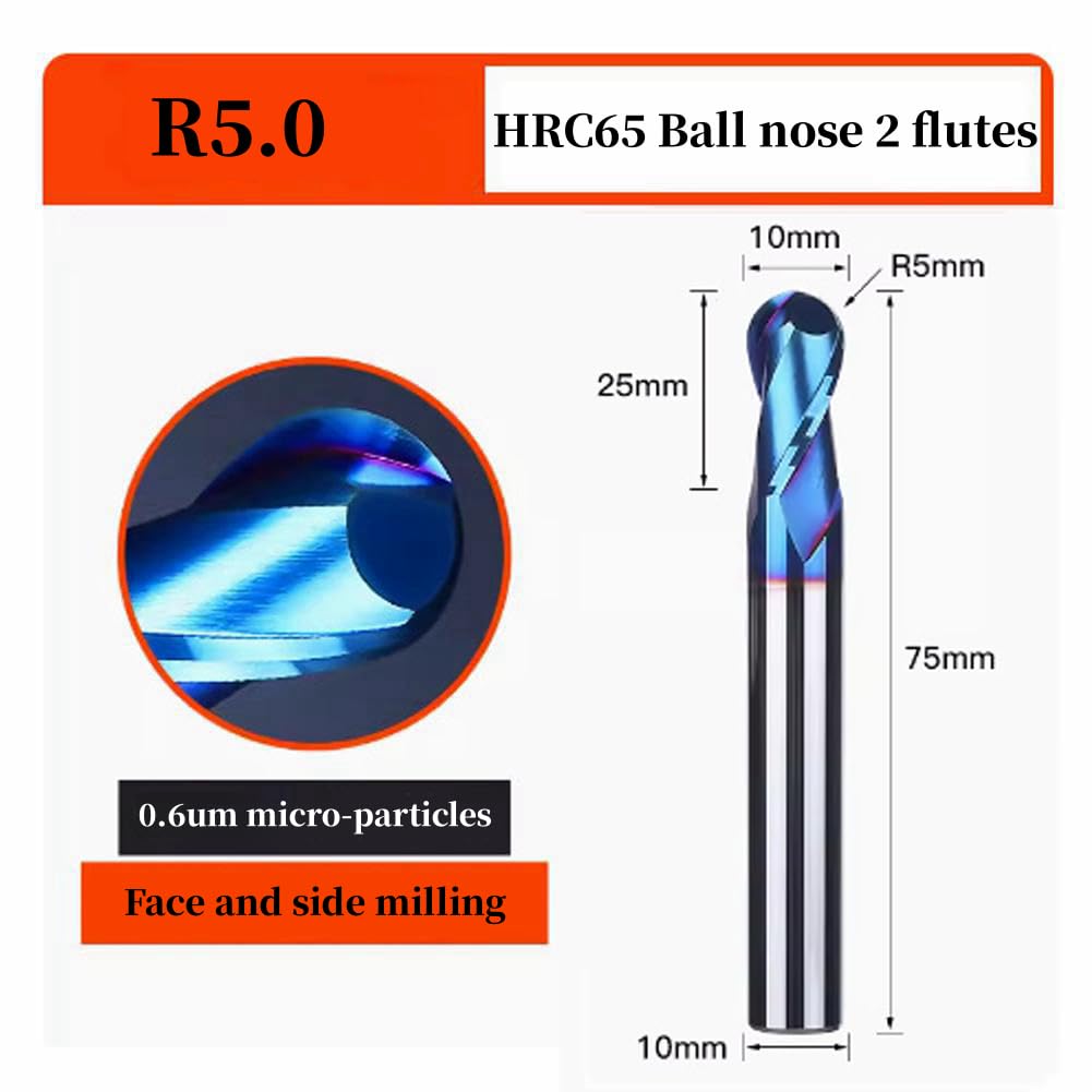Nasi a sfera HRC65, in acciaio al tungsteno, 2 flauti in metallo duro con rivestimento blu Nanco, punte CNC per legno, plastica, acciaio, taglio 3D, incisione (punta Φ10 mm)