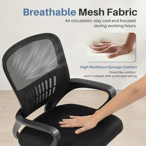 Image of DUMOS Home Office Desk Chair - Ergonomic Mid Back with Lumbar Support & Rocking Mode, Height Adjustable with Fixed Armrest, for Conference, Computer, Meeting Room, 360 Swivel, Adults, Black