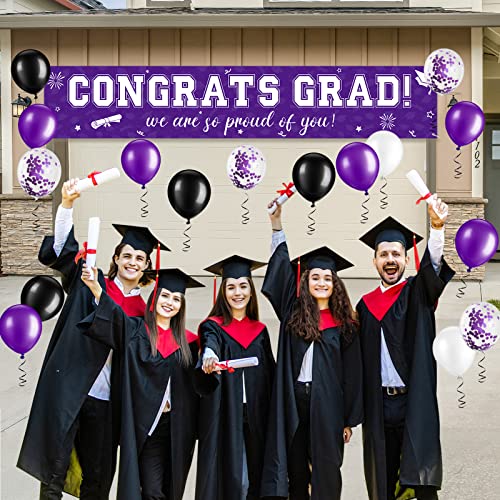 Image of 37Pcs Graduation Banner Balloon Decorations Class of 2026, Congrats Grad Banner Yard Outdoor Decorations, Graduation Balloons Banner Set for High School College Graduation Party Supplies, Purple