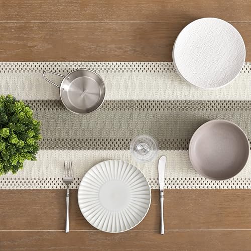 Image of ZeeMart Macrame Style Bicolor Stitching Table Runner, 14 x 108 Inch Dark Sage /Ivory, Boho Grey Sage Table Runners 108 Inches Long, Farmhouse Woven Home Decor