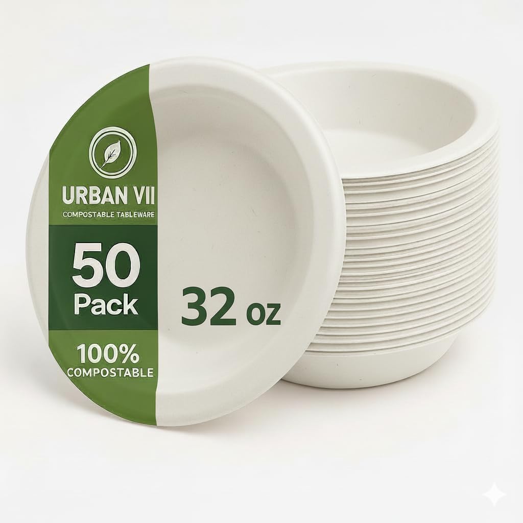 32 oz Compostable Paper Bowls [250-Pack] – Heavy-Duty & Leak-Resistant Disposable Bowls, Natural Sugarcane Bagasse Fiber, Microwave-Safe, Eco-Friendly for Parties, Catering & Everyday (50, 16 Oz)