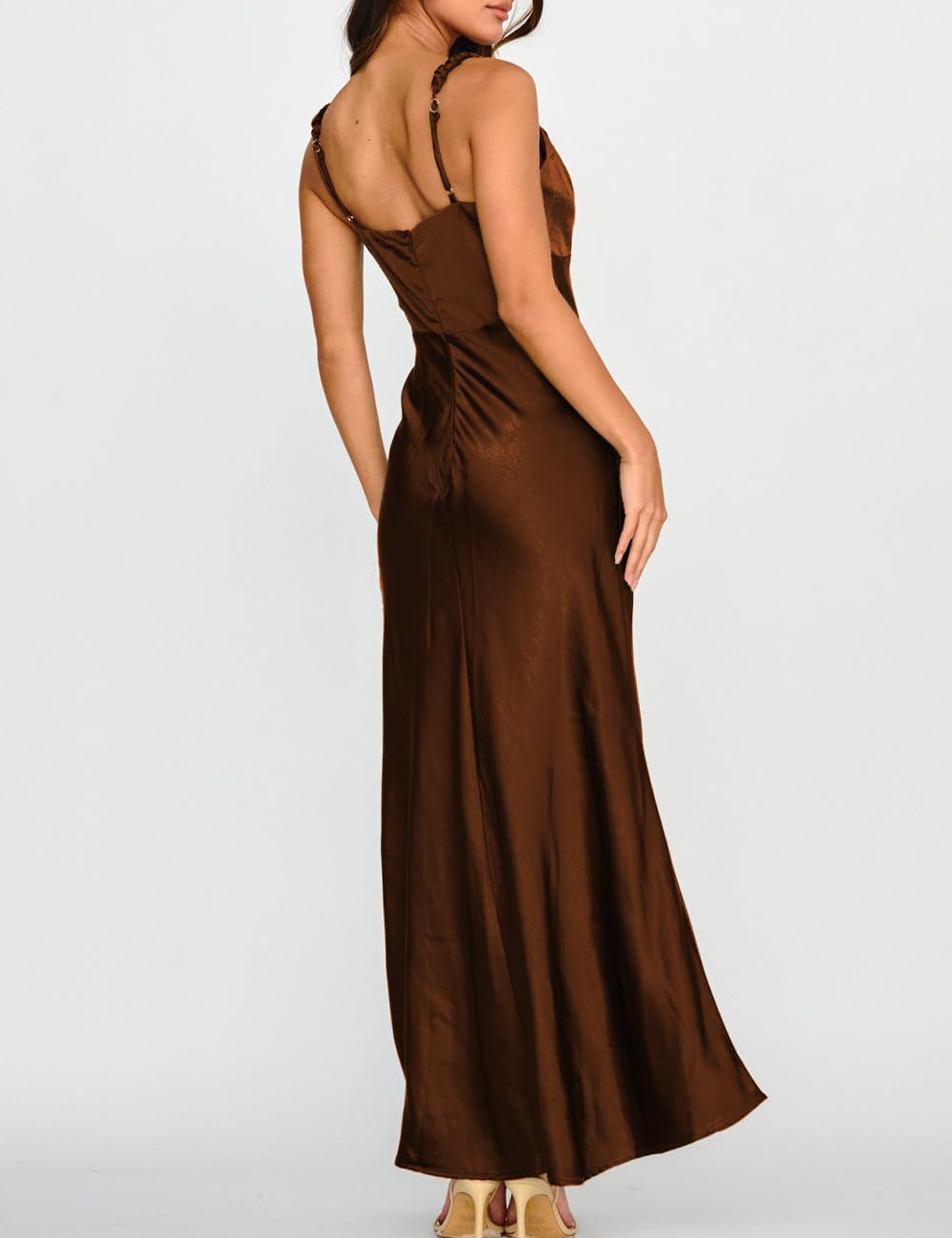 Summer Satin Braided Spaghetti Strap V Neck Maxi Dress for Women Elegant Silk Sleeveless Backless Midi Prom Dress - Image 3