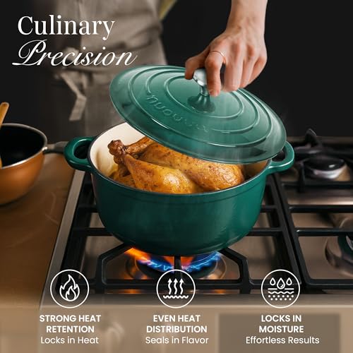 Image of Cast Iron Dutch Oven with Lid - Non-Stick Ovenproof Enamelled Casserole Pot - Sturdy Dutch Oven Cookware - Dark Green, 3.1-Quart, 22cm-by Nuovva