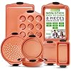 NutriChef 8 Piece Baking Pans Set Nonstick Carbon Steel Bakeware Set w Silicone Heat Safe Handles Includes Loaf Pan Muffin Pan Cookie Sheets Pizza Crisper Roasting Pans Copper