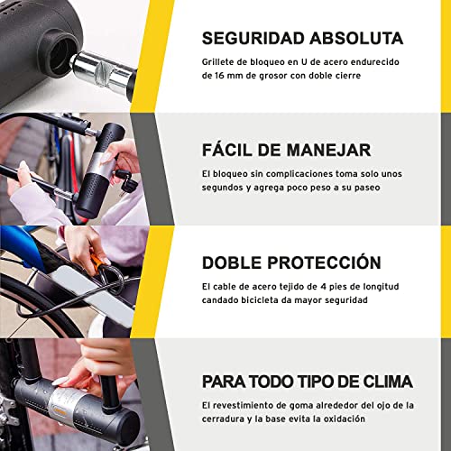 SIGTUNA Candado Bicicleta, Candado en U 16 mm con Soporte, Cadena de Acero de 1,2 m y 3 Llaves de Alta Seguridad para Bicicletas Carretera, Bicicletas Eléctricas, Bicicletas Montaña - Amarillo - imagen 4