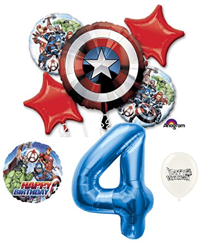 4th Birthday Blue Number Avengers Shield Balloons Bouquet Bundle