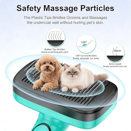 Self Cleaning Slicker Brush for Dog and Cat - Skin Friendly Shedding & Grooming Tool for Long and Short Haired Pets,Easy Clean Retractable Bristles,Green