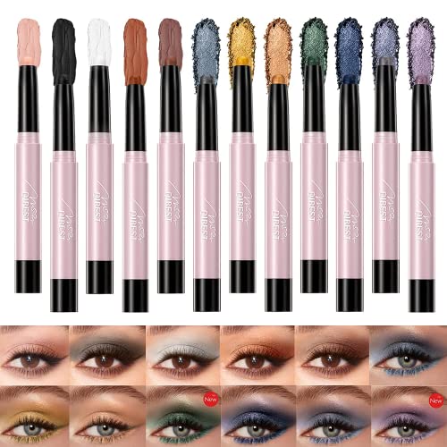 Ensembles de Bâtonnets de fard à Paupières,Pakivs 12 Couleurs Matte Glitter Pearlescent Eyeshadow Sticks Imperméable à l’eau Longue Durée High Pigmented Eyeshadow Crayon pour Femmes Cover