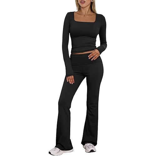 Trendy Queen Womens Two Piece Lounge Sets 2 Piece Fall Outfits Long Sleeve Square Neck Tops Flare Pants Tracksuits Clothes