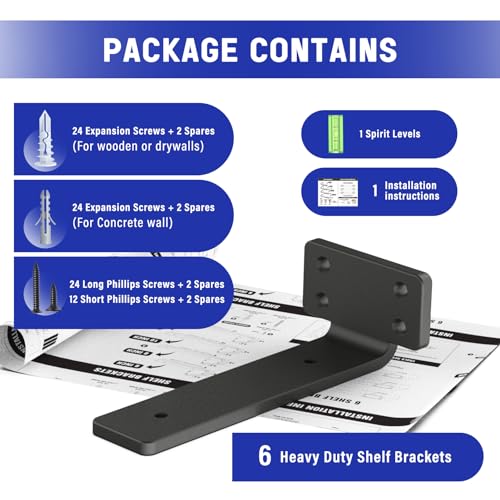 Image of WELDUN 6 Pack Floating Shelf Brackets 6 Inch, Heavy Duty Metal L Shelf Brackets for Shelves Support Wall Hanging