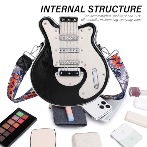 Guitar Purse Stylish Guitar Shaped Bag Large Capacity Shoulder Bag Zipper Closured Waterproof PU Leather Crossbody with Adjustable Strap Gift for Women Black Purse4