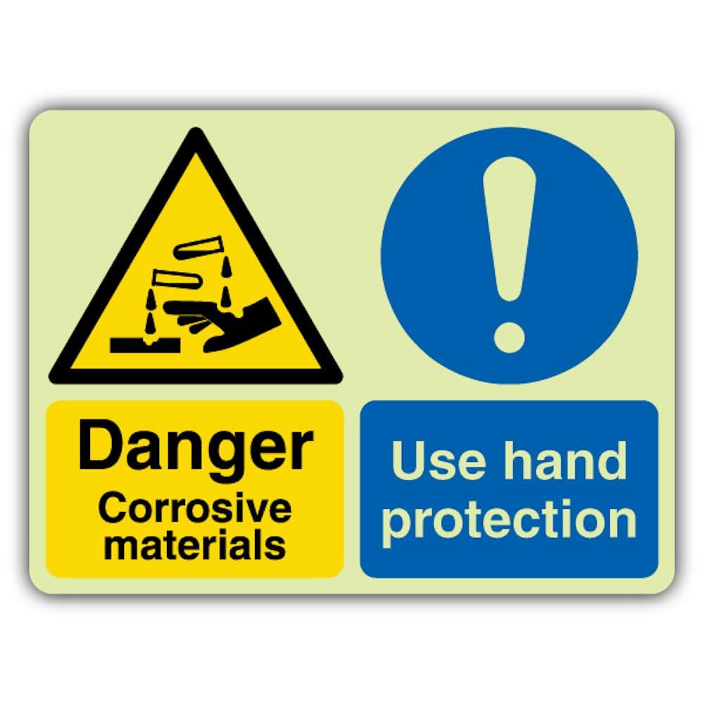 V Safety - Señal de protección de manos que brilla en la oscuridad, materiales corrosivos, 800 x 600 mm, hecha de plástico rígido de triple brillo, señalización de advertencia de peligro, fabricado en