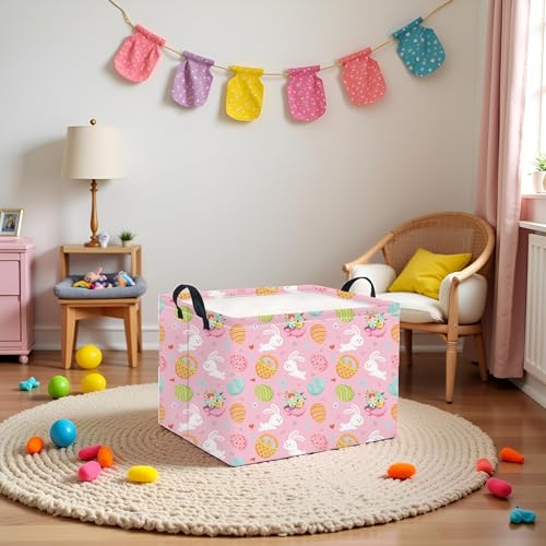Image of Rectangular Easter Basket for Home Kitchen Baby Girls Basket Cute Storage Bin Organizer Shelf Book Room Decor(Pink Bunny Egg)