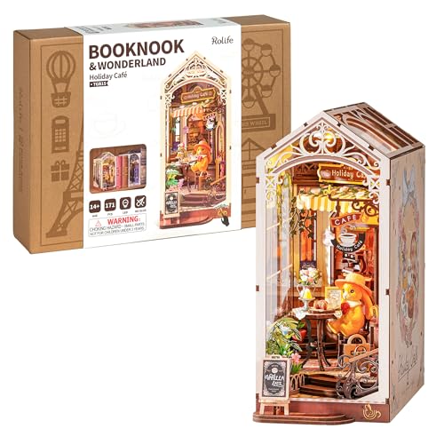 Rolife 5 Hrs DIY Book Nook Kit, Miniature Dollhouse Booknook Kit, 3D Wooden Puzzle Creative Decorative Bookends Bookshelf Diorama Insert Crafts Hobbies Gifts (Holiday Café)