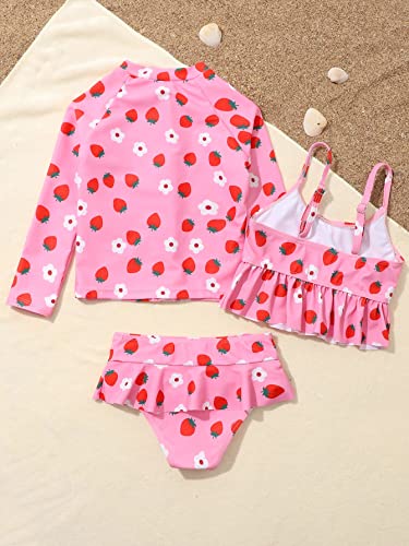 WDIRARA Girl's 3 Piece Set Strawberry Print Swimwear Ruffle Hem Bikini Swimsuit2