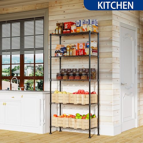 Image of REGILLER 5-Wire Shelving Metal Storage Rack Adjustable Shelves,Standing Storage Shelf Units for Laundry Bathroom Kitchen Pantry Closet(Black,14.1 inch D x 30 inch W x 79 inch H)