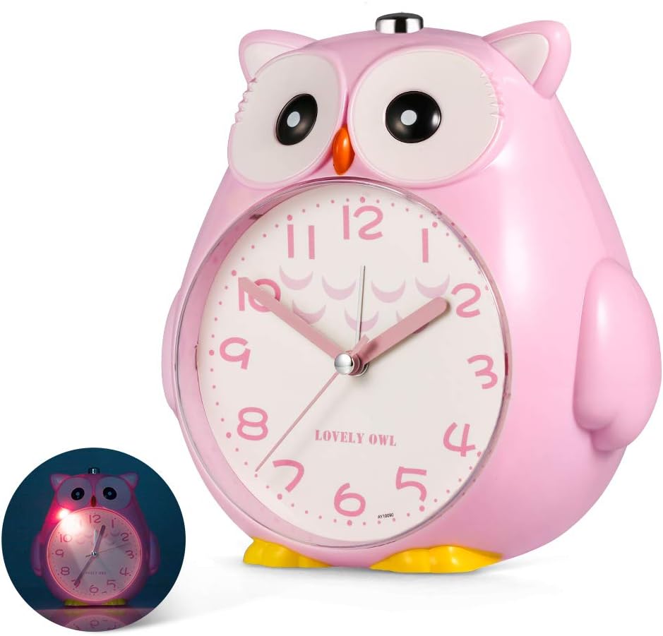 Kids Alarm Clock,Owl Dual Alarm with Night Light and Snooze,Silent Non-Ticking Battery Operated Loud Alarm Clock for Girls Bedroom Decor, Easy to Set - Pink