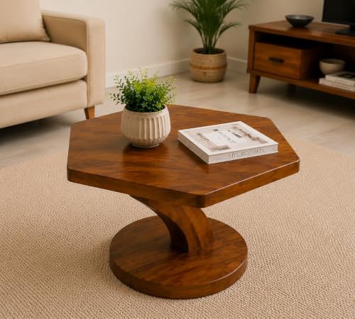 Image of Sheesham Wood Hexagon Shape Coffee Table for Living Room | Wooden Center Tea Table | Accent Table | Sofa Side Table | End Table | Honey Finish