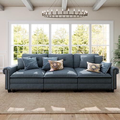 Image of SUNSHINE VALLEY 116.1 inch Modular Cloud Couch with Extra Wide & Deep Seats, Oversized 3-Seater Mid-Century Modern Couch with Nailhead Trim and Throw Pillows for Living Room, Linen Cyan