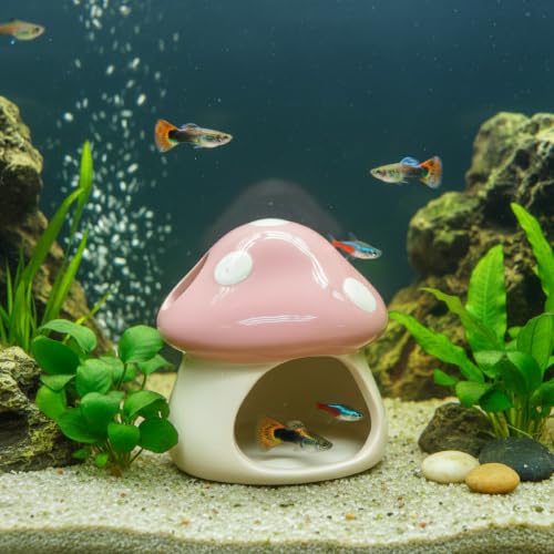 Image of AnRui Ceramic Betta Fish Tank Accessories Decor Cute Mushroom House Aquarium Decoration Hideout Cave Ornament for Small Fish, Shrimp, Goldfish and Reptiles (Pink)